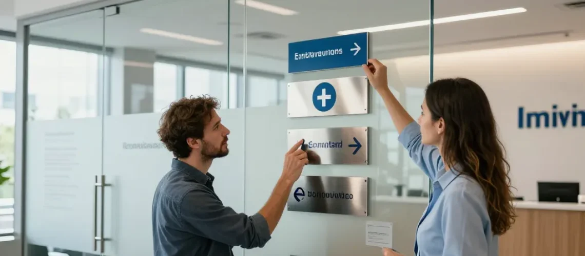 Aménagement de bureaux : signalétique interne, plaques de portes, identité visuelle